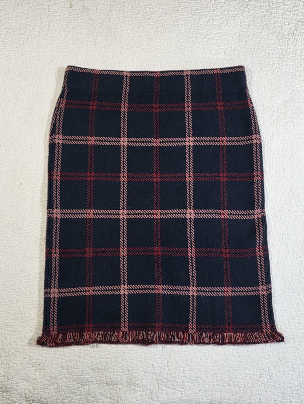Loft Navy Plaid Stretch Fleece Knee Length Fringe Pencil Skirt